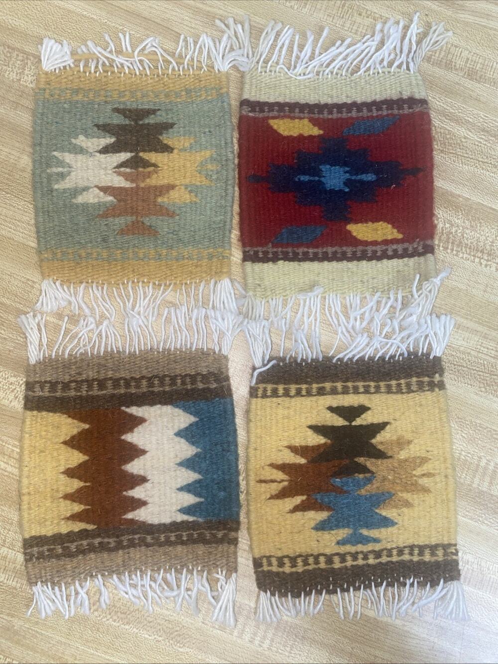 Set Of 4 Vintage NATIVE AMERICAN Handcrafted WOOL Woven COASTERS Southwestern